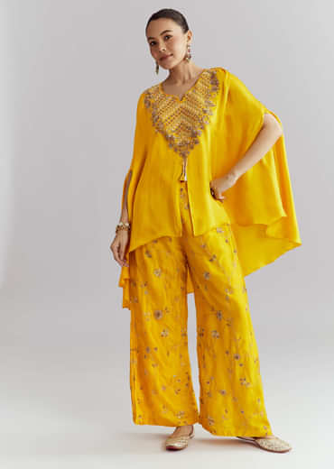 Yellow Crepe Indo Western Set With Heavy Hand Embroidery