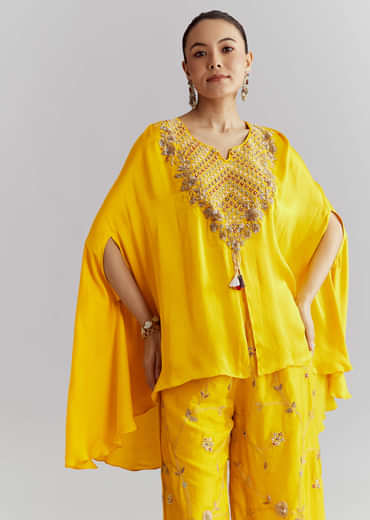 Yellow Crepe Indo Western Set With Heavy Hand Embroidery