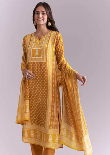 Yellow Crepe Kurta Set With Indie Print And Moti Work
