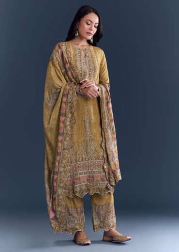 Yellow Crepe Kurta Set With Indie Print And Zari Embroidery