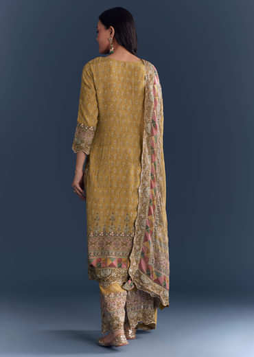 Yellow Crepe Kurta Set With Indie Print And Zari Embroidery