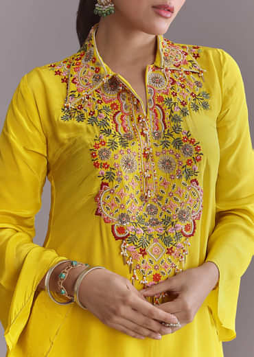 Yellow Crepe Palazzo Suit With Thread And Resham Work