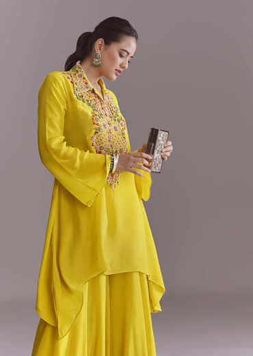 Yellow Crepe Palazzo Suit With Thread And Resham Work