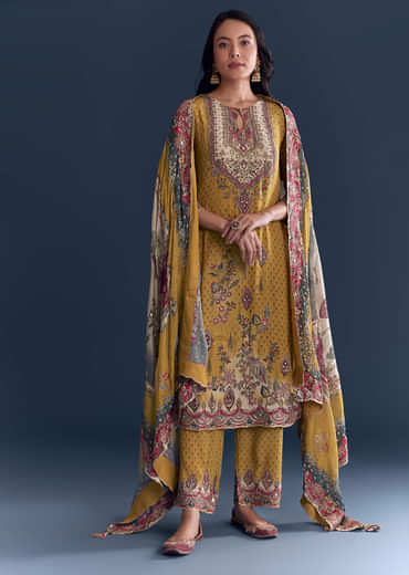 Yellow Crepe Printed Kurta Set With Floral Print
