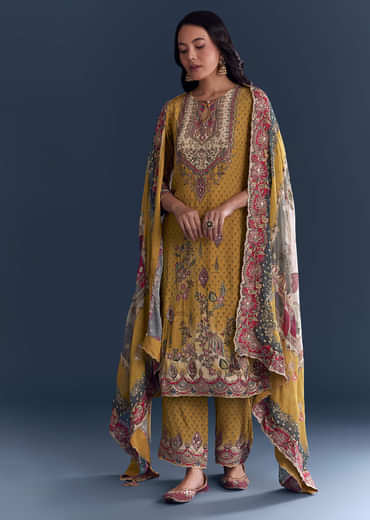 Yellow Crepe Printed Kurta Set With Floral Print