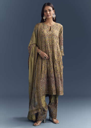 Yellow Crepe Printed Kurta Set With Gota Work