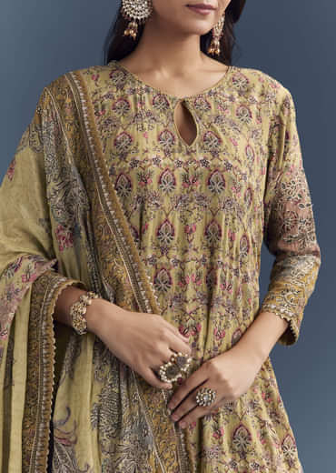Yellow Crepe Printed Kurta Set With Gota Work