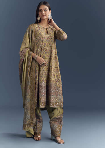 Yellow Crepe Printed Kurta Set With Gota Work