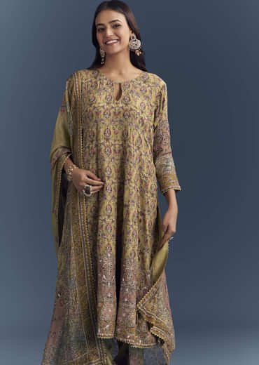 Yellow Crepe Printed Kurta Set With Gota Work