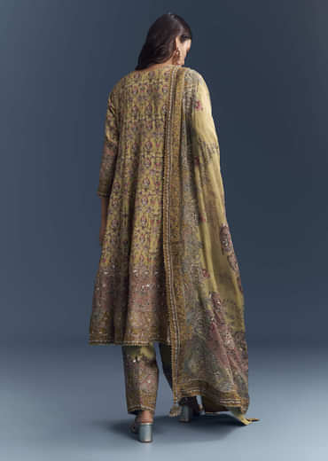 Yellow Crepe Printed Kurta Set With Gota Work