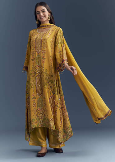 Yellow Crepe Printed Kurta Set With Sequins Work