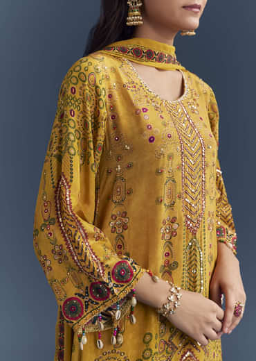 Yellow Crepe Printed Kurta Set With Sequins Work