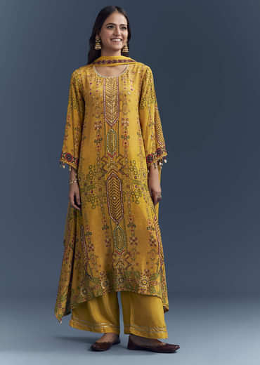 Yellow Crepe Printed Kurta Set With Sequins Work
