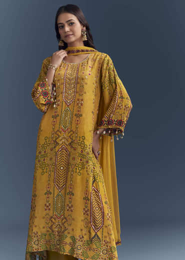 Yellow Crepe Printed Kurta Set With Sequins Work