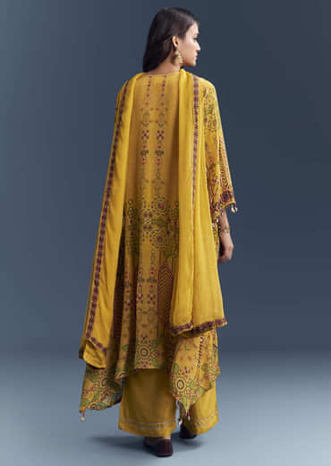 Yellow Crepe Printed Kurta Set With Sequins Work