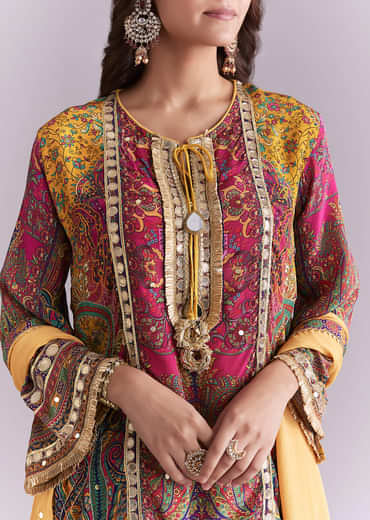 Yellow Crepe Printed Sharara Suit With Gota Detail And Potli