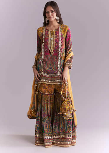 Yellow Crepe Printed Sharara Suit With Gota Detail And Potli