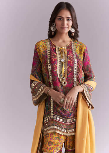 Yellow Crepe Printed Sharara Suit With Gota Detail And Potli