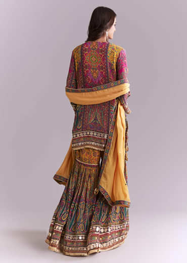 Yellow Crepe Printed Sharara Suit With Gota Detail And Potli