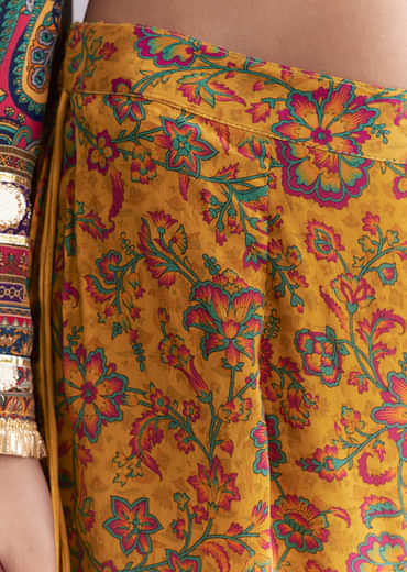 Yellow Crepe Printed Sharara Suit With Gota Detail And Potli