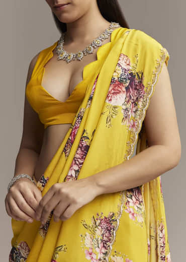 Yellow Crepe Saree With Floral Digital Print And Sequin Embroidery