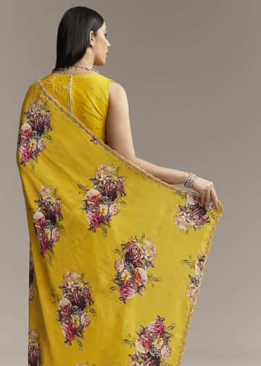 Yellow Crepe Saree With Floral Digital Print And Sequin Embroidery