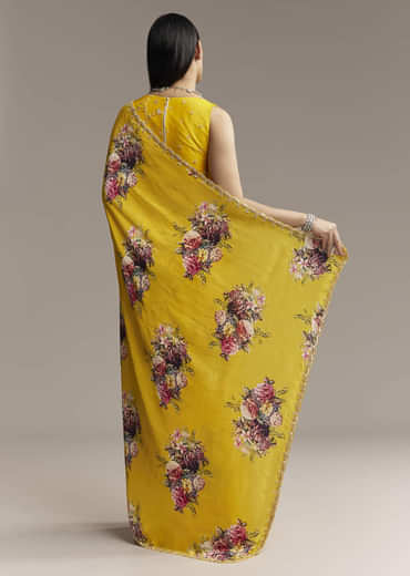 Yellow Crepe Saree With Floral Digital Print And Sequin Embroidery