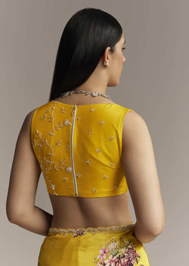 Yellow Crepe Saree With Floral Digital Print And Sequin Embroidery
