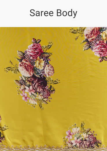 Yellow Crepe Saree With Floral Digital Print And Sequin Embroidery