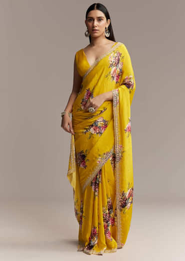 Yellow Crepe Saree With Multicolor Floral Print And Embellished Border