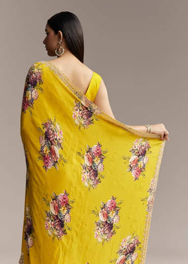 Yellow Crepe Saree With Multicolor Floral Print And Embellished Border
