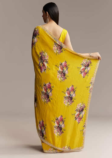 Yellow Crepe Saree With Multicolor Floral Print And Embellished Border