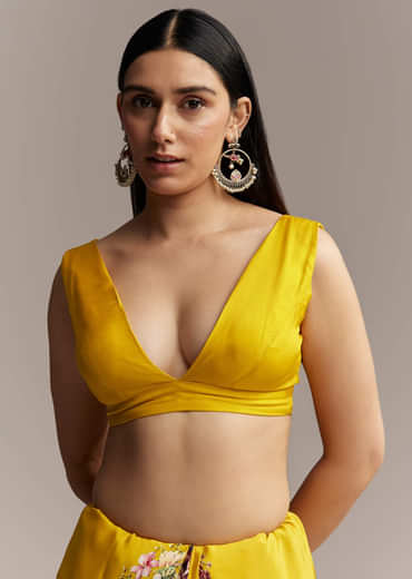 Yellow Crepe Saree With Multicolor Floral Print And Embellished Border