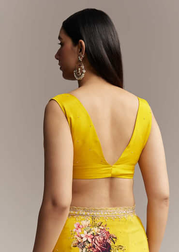 Yellow Crepe Saree With Multicolor Floral Print And Embellished Border