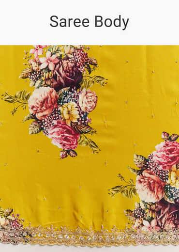 Yellow Crepe Saree With Multicolor Floral Print And Embellished Border