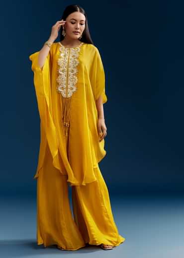Yellow Crop Top Cape Set With Embroidery And Fancy Sleeves
