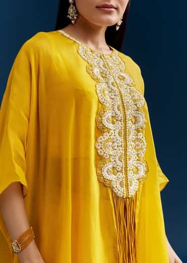Yellow Crop Top Cape Set With Embroidery And Fancy Sleeves