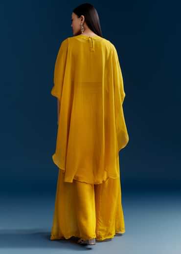Yellow Crop Top Cape Set With Embroidery And Fancy Sleeves