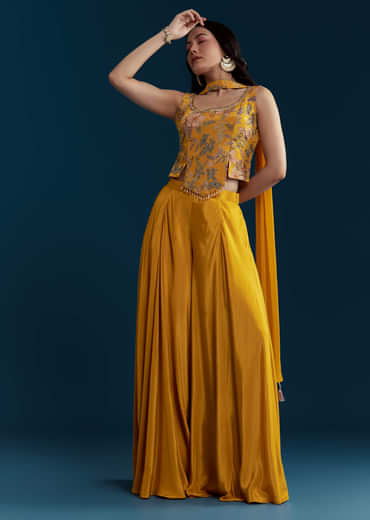 Yellow Crop Top Palazzo Set with Floral Print