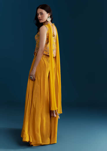 Yellow Crop Top Palazzo Set with Floral Print