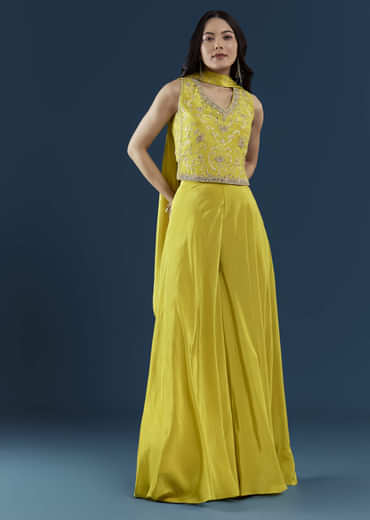 Yellow Crop Top Palazzo Set with Moti Work