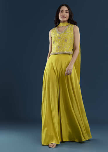 Yellow Crop Top Palazzo Set with Moti Work