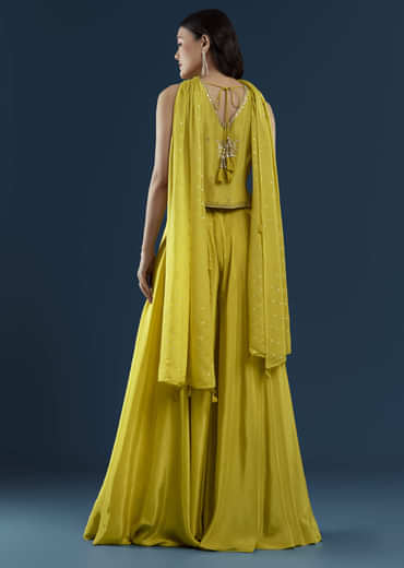 Yellow Crop Top Palazzo Set with Moti Work