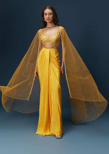 Yellow Crop Top Set With Embroidered Blouse And Drape Dupatta