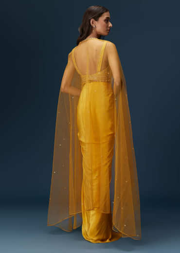 Yellow Crop Top Set With Embroidered Blouse And Drape Dupatta