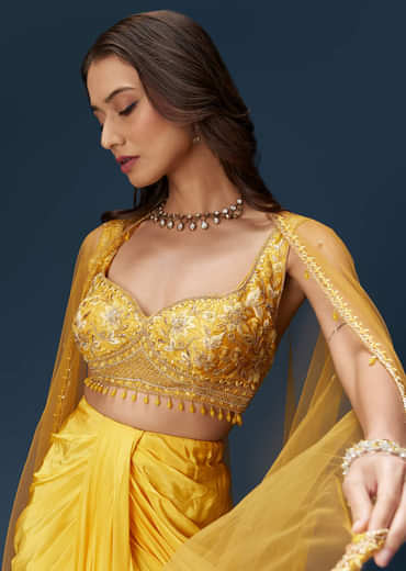 Yellow Crop Top Set With Embroidered Blouse And Drape Dupatta