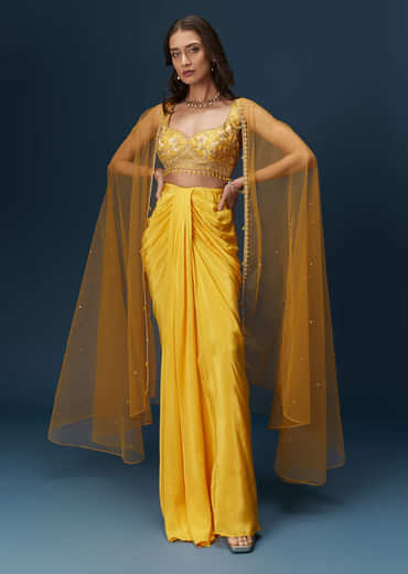 Yellow Crop Top Set With Embroidered Blouse And Drape Dupatta