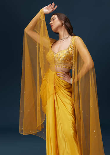 Yellow Crop Top Set With Embroidered Blouse And Drape Dupatta