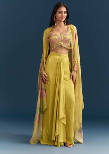 Yellow Crop Top Skirt With Floral Cape And Resham Detailing