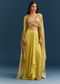 Yellow Crop Top Skirt With Floral Cape And Resham Detailing